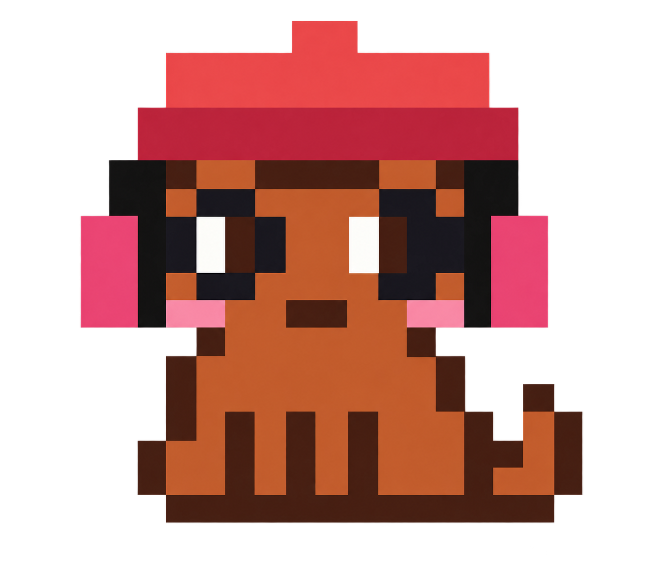 Pixel-art Robinhood Kitty wearing a red hat and pink headphones